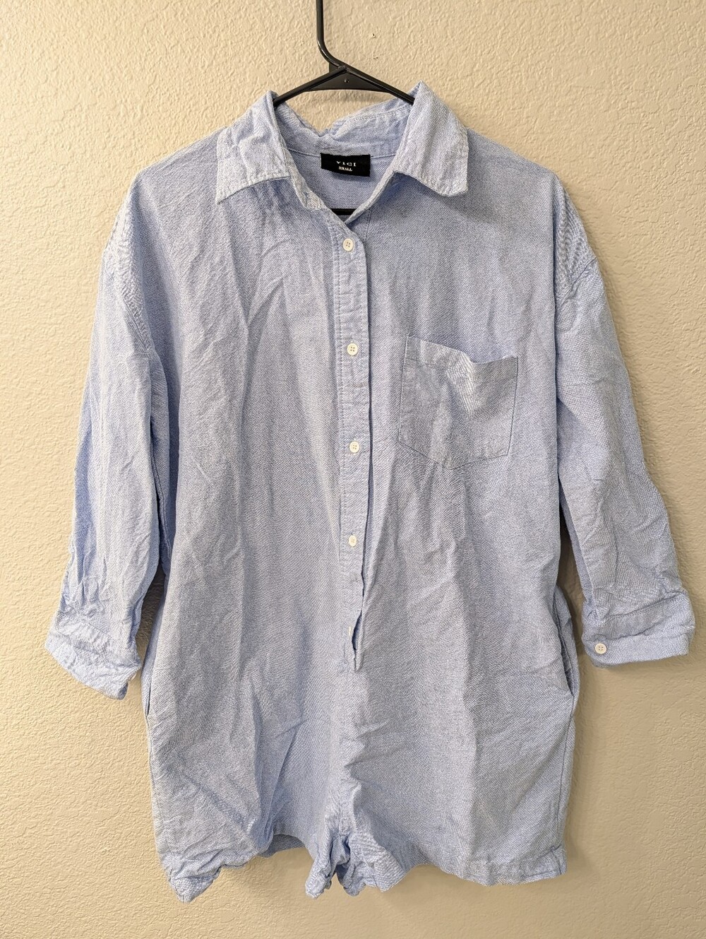 VICI Collared Button Down Utility Romper Light Blue Chambray Size Small